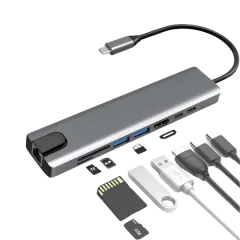 ADAPTATEUR TYPE-C 8 IN 1 TO USB TYPE-C / HDTV / USB /SD+SF / RJ45